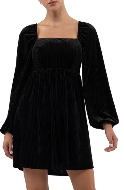 August Sky Long Sleeve Velvet Babydoll Minidress In Black