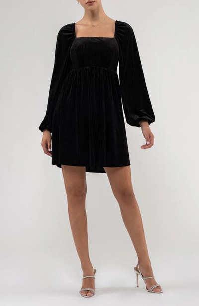 Shop August Sky Long Sleeve Velvet Babydoll Minidress In Black