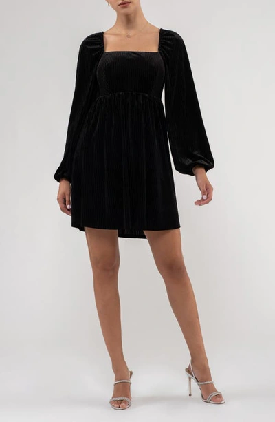 August Sky Long Sleeve Velvet Babydoll Minidress In Black