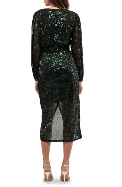 August Sky Sequin Long Sleeve Dress In Dark Green