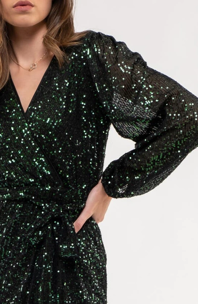 August Sky Sequin Long Sleeve Dress In Dark Green
