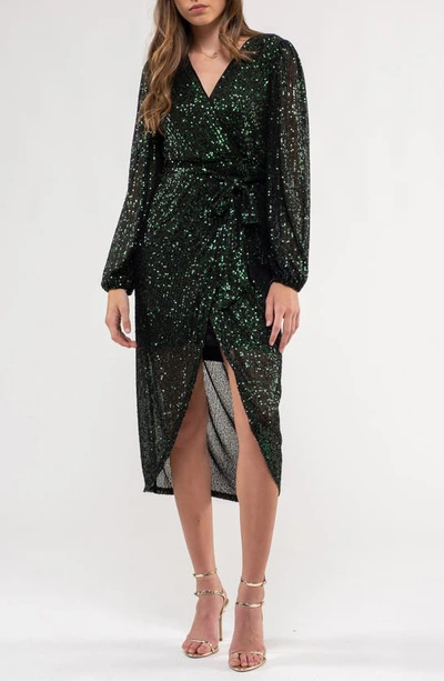 August Sky Sequin Long Sleeve Dress In Dark Green