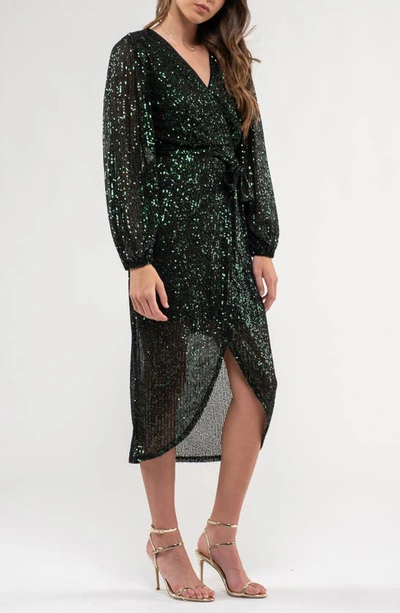 August Sky Sequin Long Sleeve Dress In Dark Green