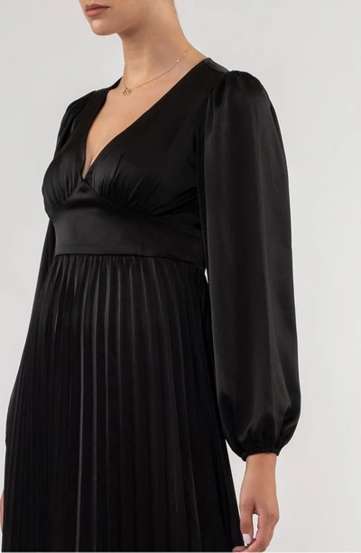 August Sky Empire Waist Pleated Satin Midi Dress In Black
