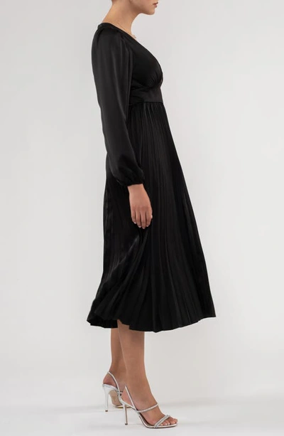 August Sky Empire Waist Pleated Satin Midi Dress In Black