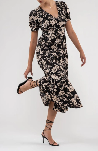 Shop August Sky Floral V-neck Midi Dress In Black Multi