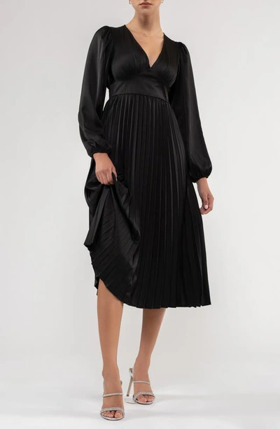 August Sky Empire Waist Pleated Satin Midi Dress In Black