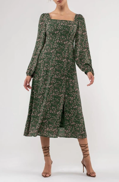Shop August Sky Floral Long Sleeve Midi Dress In Hunter Green Multi
