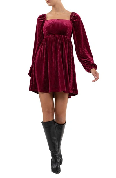 August Sky Long Sleeve Velvet Babydoll Minidress In Wine