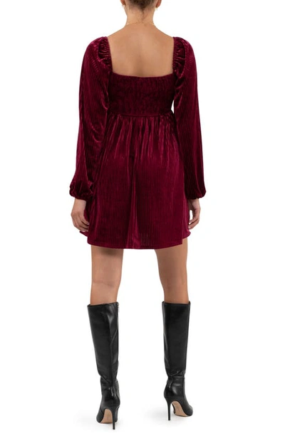 August Sky Long Sleeve Velvet Babydoll Minidress In Wine