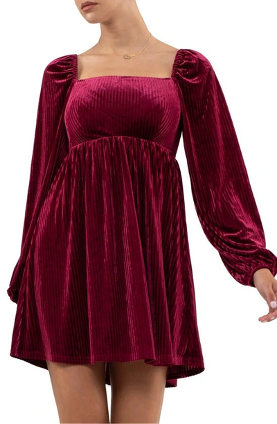 August Sky Long Sleeve Velvet Babydoll Minidress In Wine