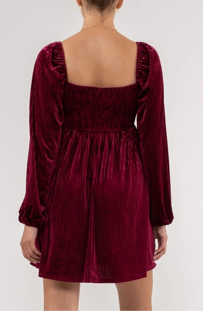 August Sky Long Sleeve Velvet Babydoll Minidress In Wine