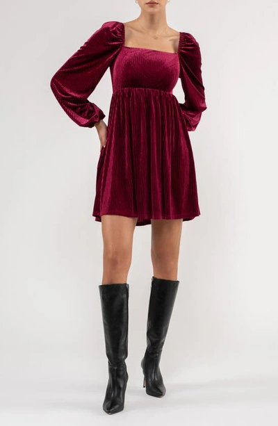 August Sky Long Sleeve Velvet Babydoll Minidress In Wine