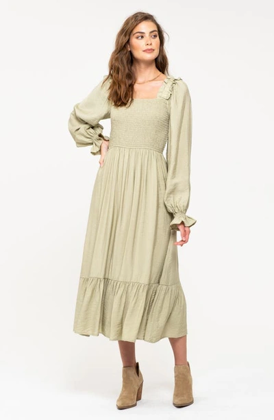 August Sky Smocked Long Sleeve Maxi Dress In Light Olive