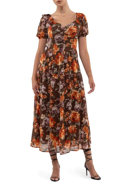August Sky Floral Ruffle Trim Maxi Dress In Mocha Multi