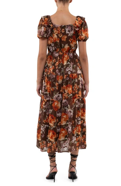 August Sky Floral Ruffle Trim Maxi Dress In Mocha Multi