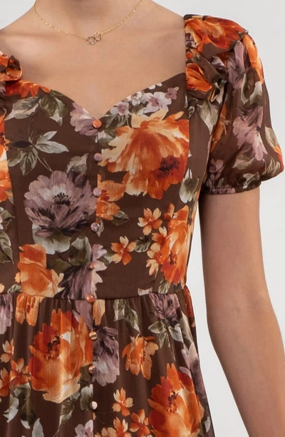 August Sky Floral Ruffle Trim Maxi Dress In Mocha Multi