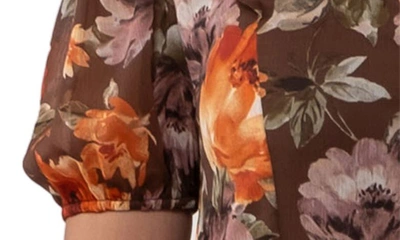 August Sky Floral Ruffle Trim Maxi Dress In Mocha Multi