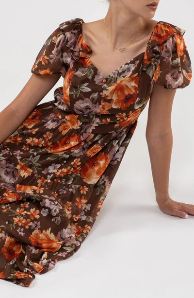 August Sky Floral Ruffle Trim Maxi Dress In Mocha Multi