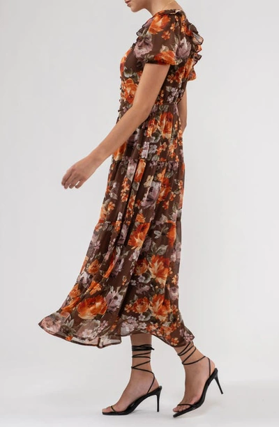 August Sky Floral Ruffle Trim Maxi Dress In Mocha Multi