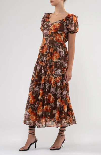 August Sky Floral Ruffle Trim Maxi Dress In Mocha Multi