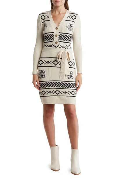 Lucky Brand Long Sleeve Jacquard Sweater Dress In Cream Jacquard