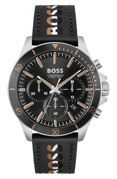 Shop Hugo Boss Troper Chronograph Leather Strap Watch, 45mm In Black