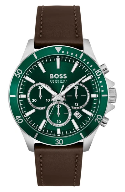 Shop Hugo Boss Troper Chronograph Leather Strap Watch, 45mm In Green