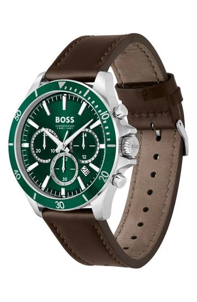 Shop Hugo Boss Troper Chronograph Leather Strap Watch, 45mm In Green