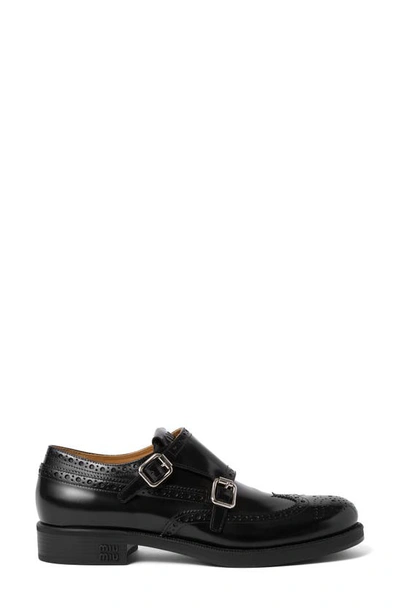 Miu Miu Brogue Leather Double Monk Loafers In Black