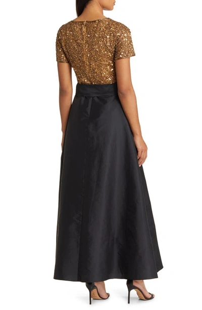 Pisarro Nights Beaded Bodice Mixed Media Gown In Gold