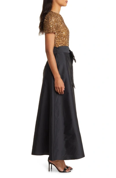 Pisarro Nights Beaded Bodice Mixed Media Gown In Gold