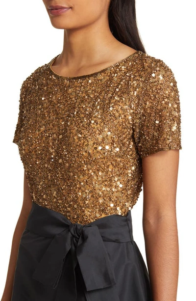 Shop Pisarro Nights Beaded Bodice Mixed Media Gown In Gold