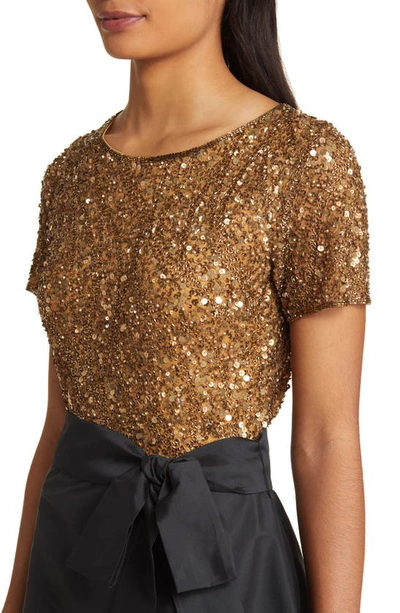 Pisarro Nights Beaded Bodice Mixed Media Gown In Gold