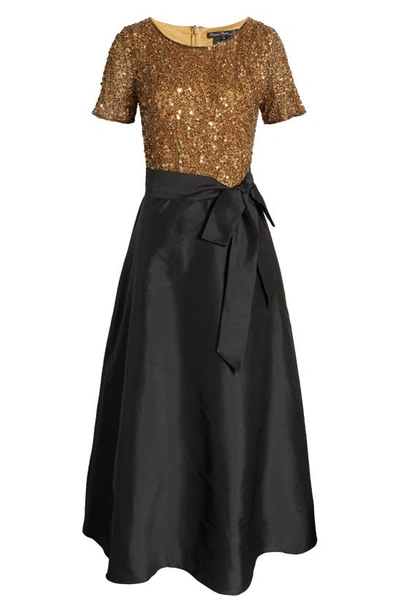 Shop Pisarro Nights Beaded Bodice Mixed Media Gown In Gold