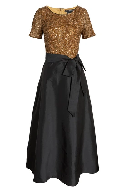 Pisarro Nights Beaded Bodice Mixed Media Gown In Gold