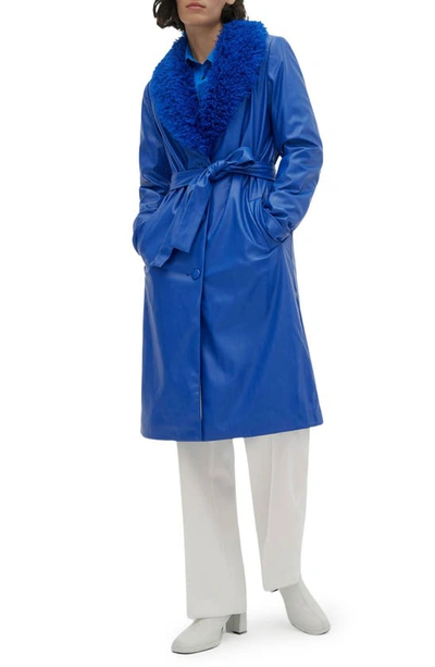 Noize Tezza Faux Leather Trench With Faux Shearling Collar In Sapphire