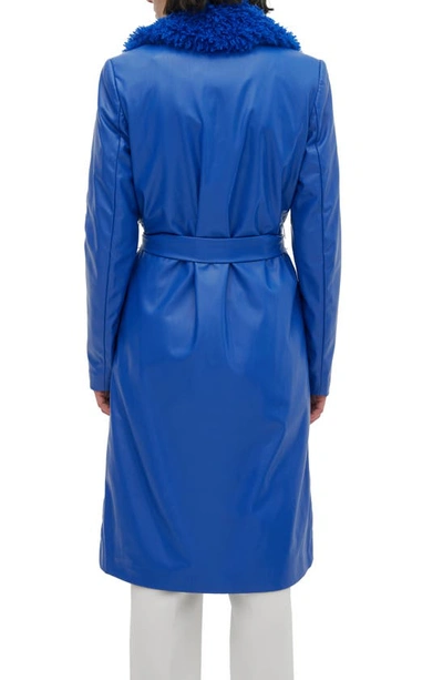 Noize Tezza Faux Leather Trench With Faux Shearling Collar In Sapphire