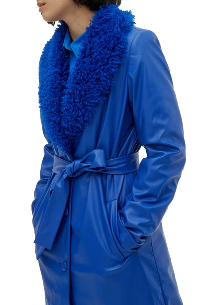 Noize Tezza Faux Leather Trench With Faux Shearling Collar In Sapphire