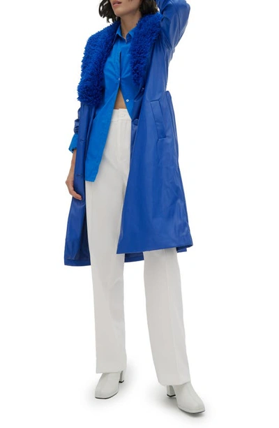 Noize Tezza Faux Leather Trench With Faux Shearling Collar In Sapphire