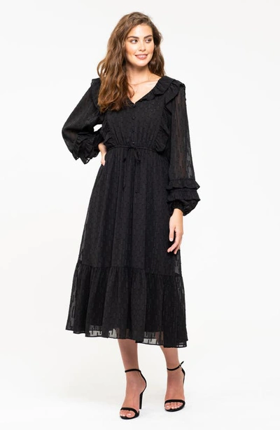Shop August Sky Long Sleeve Clip Dot Chiffon Midi Dress In Black