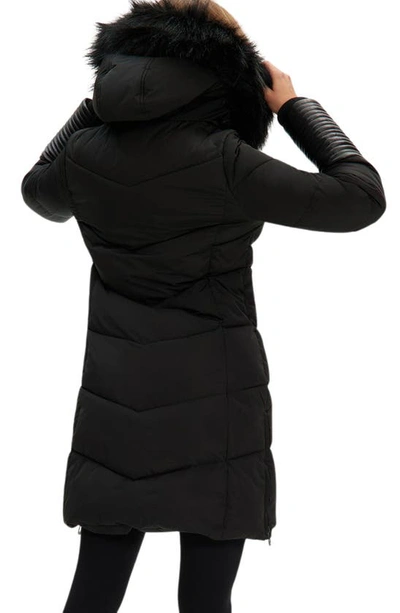 Noize Priya Water Resistant Mixed Media Parka With Faux Fur Trim In Black