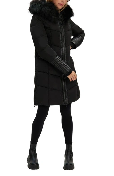 Noize Priya Water Resistant Mixed Media Parka With Faux Fur Trim In Black