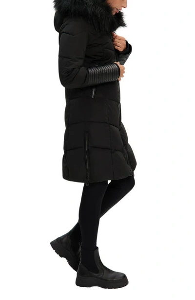 Noize Priya Water Resistant Mixed Media Parka With Faux Fur Trim In Black