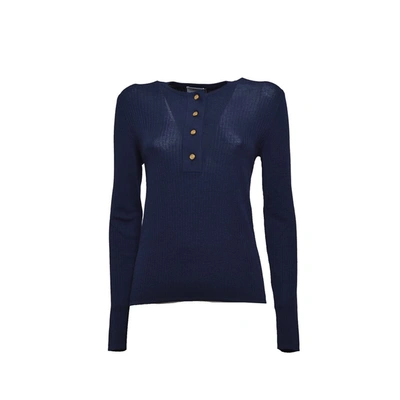 Shop Bally Blue Merino Wool Pullover With Gold Buttons