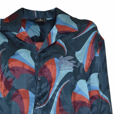 Shop Etro Blue Floral Print Silk Bowling Shirt