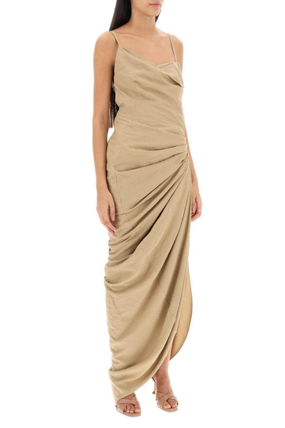 Shop Jacquemus La Robe Saudade Longue Asymmetric Draped Dress In Beige