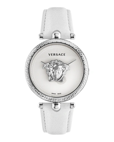 Shop Versace Palazzo Empire Leather Watch In Silver