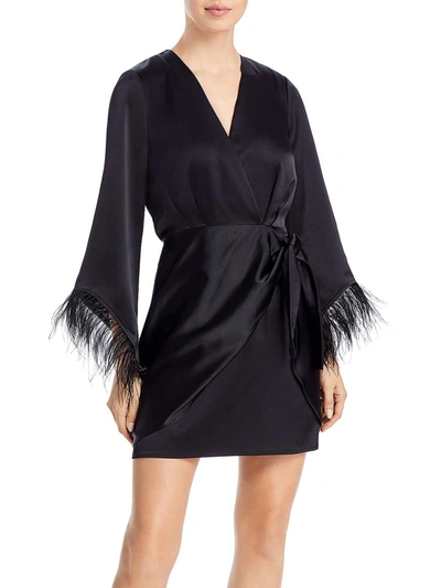 Shop Wayf Womens Faux Feather Trim Mini Wrap Dress In Black