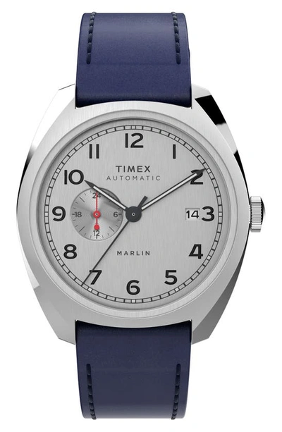 Shop Timex Marlin Automatic Leather Strap Watch, 39mm In Blue